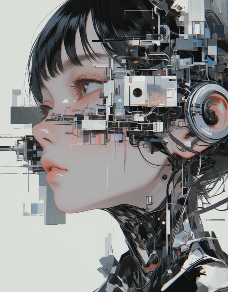 a close up of a person with a face covered by a piece of art, machine parts embedded into face, cyborg - girl, shintaro kago, grimes - book 1 album cover, a teen biopunk cyborg, human like a cyborg, dreamworks animated bjork, artificial life, cyborg girl, hyperealisism, japanese popsurrealism