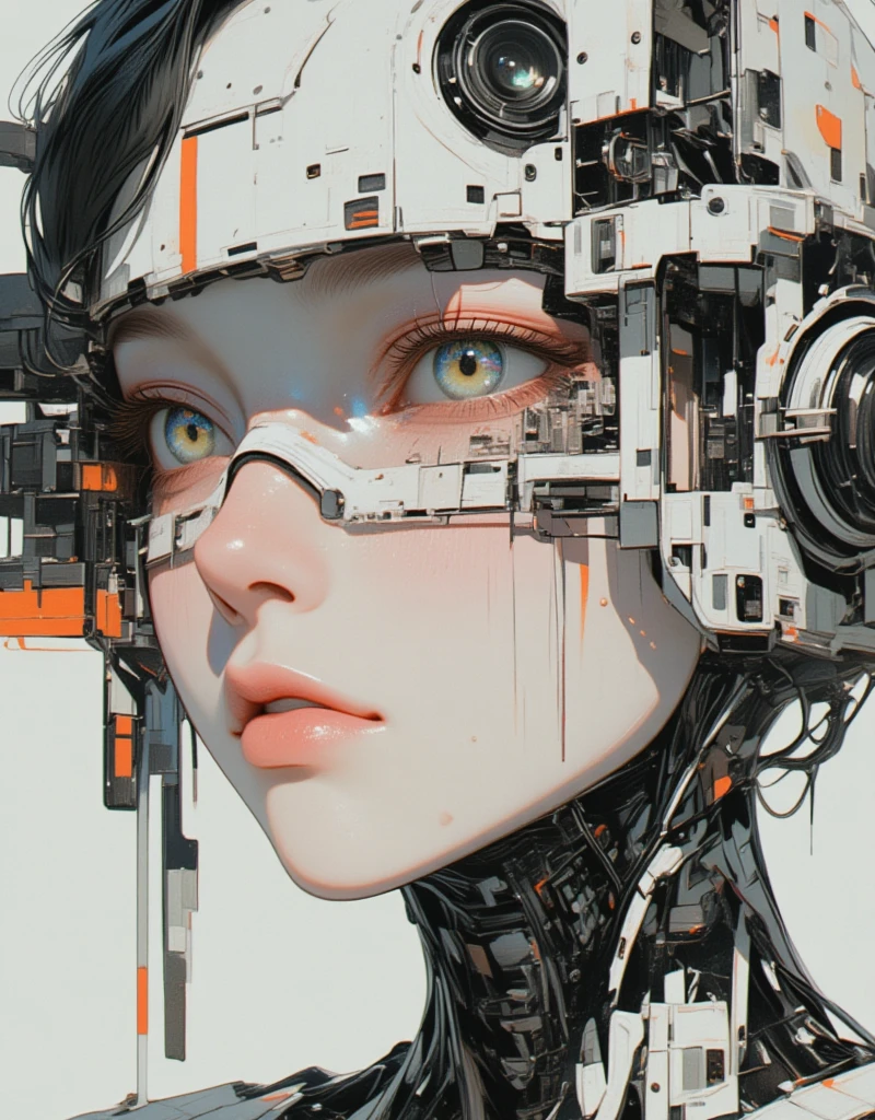 a close up of a person with a face covered by a piece of art, machine parts embedded into face, cyborg - girl, shintaro kago, grimes - book 1 album cover, a teen biopunk cyborg, human like a cyborg, dreamworks animated bjork, artificial life, cyborg girl, hyperealisism, japanese popsurrealism