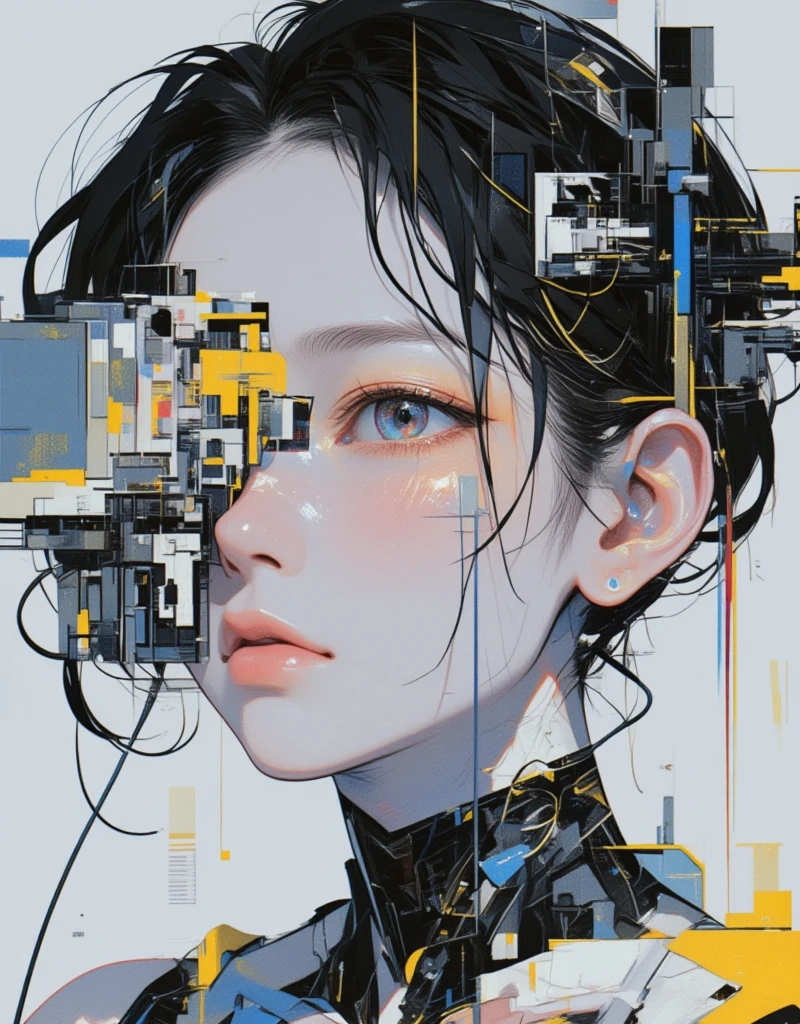 a close up of a person with a face covered by a piece of art, machine parts embedded into face, cyborg - girl, shintaro kago, grimes - book 1 album cover, a teen biopunk cyborg, human like a cyborg, dreamworks animated bjork, artificial life, cyborg girl, hyperealisism, japanese popsurrealism