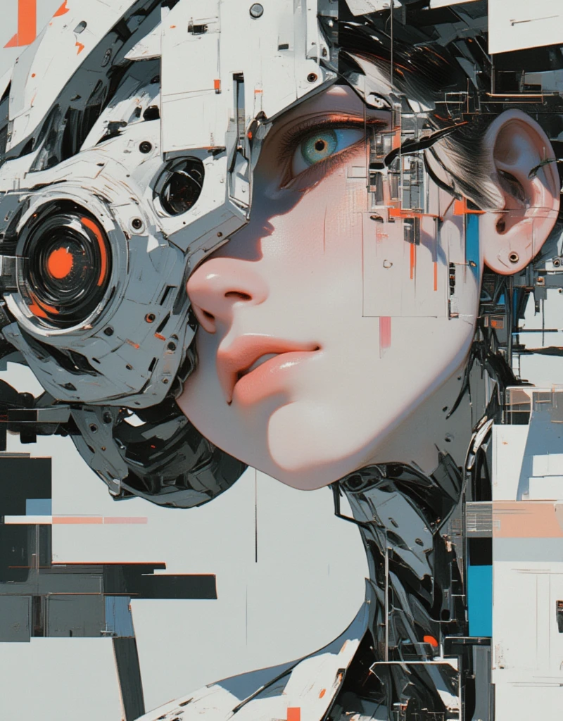 a close up of a person with a face covered by a piece of art, machine parts embedded into face, cyborg - girl, shintaro kago, grimes - book 1 album cover, a teen biopunk cyborg, human like a cyborg, dreamworks animated bjork, artificial life, cyborg girl, hyperealisism, japanese popsurrealism