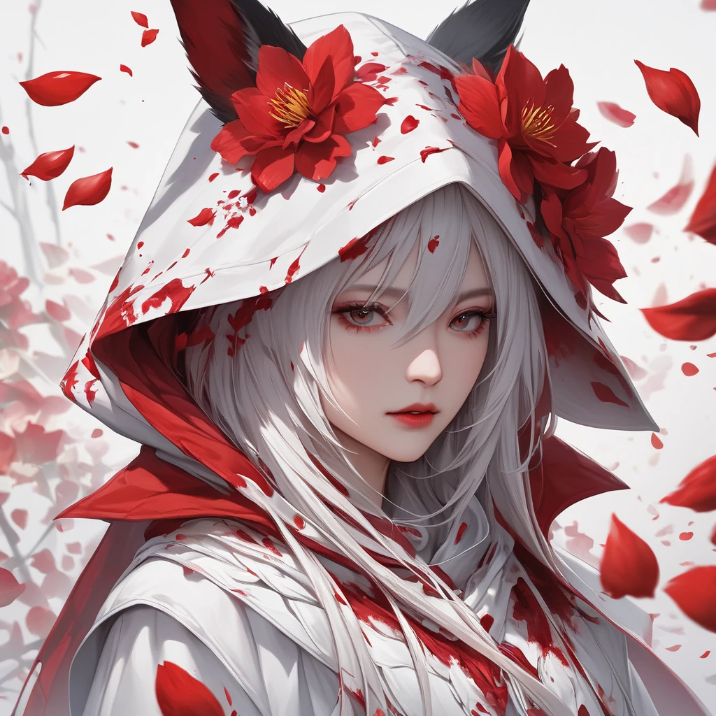 female in white , Blood Petals , Masterpiece, Details,  High Resolution , 16k , animal hood