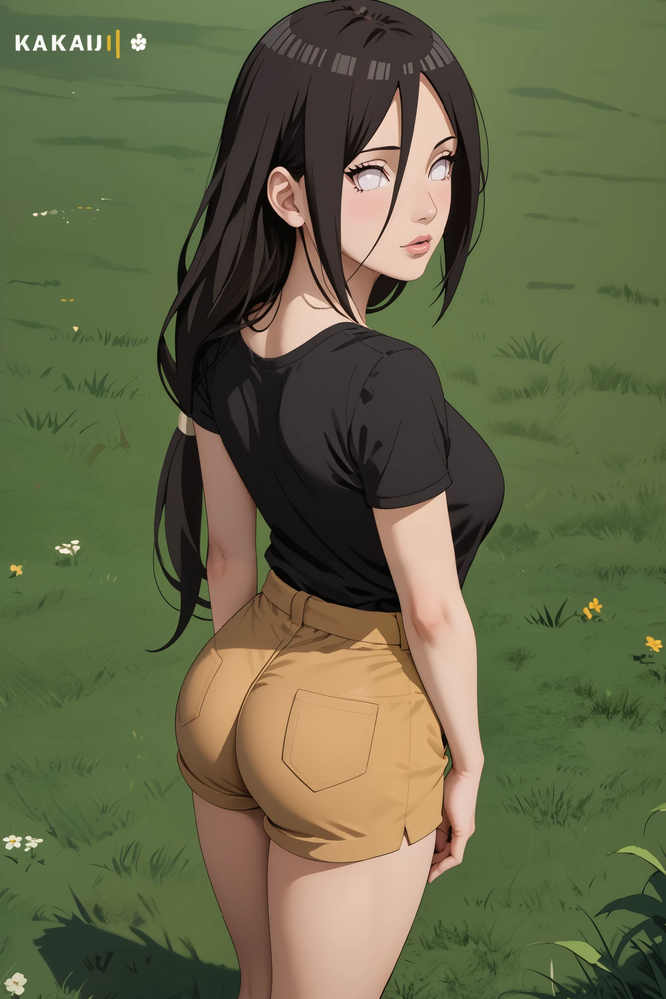 Masterpiece, extremely detailed,4k,solo,kawaii, 1girl,hanabi hyuuga, white eyes,long hair,full body,perfect slim body, sexy milf,sexy ass, blussesh cheeks wooried face ,long legs ,perfect slim body,large breasts, ((kawai face)),embarassed ekspression,(closed lips),arms behind back, cowboy shoot,((grass)), back look, looking at viewers, black tshirt, ((short pants))