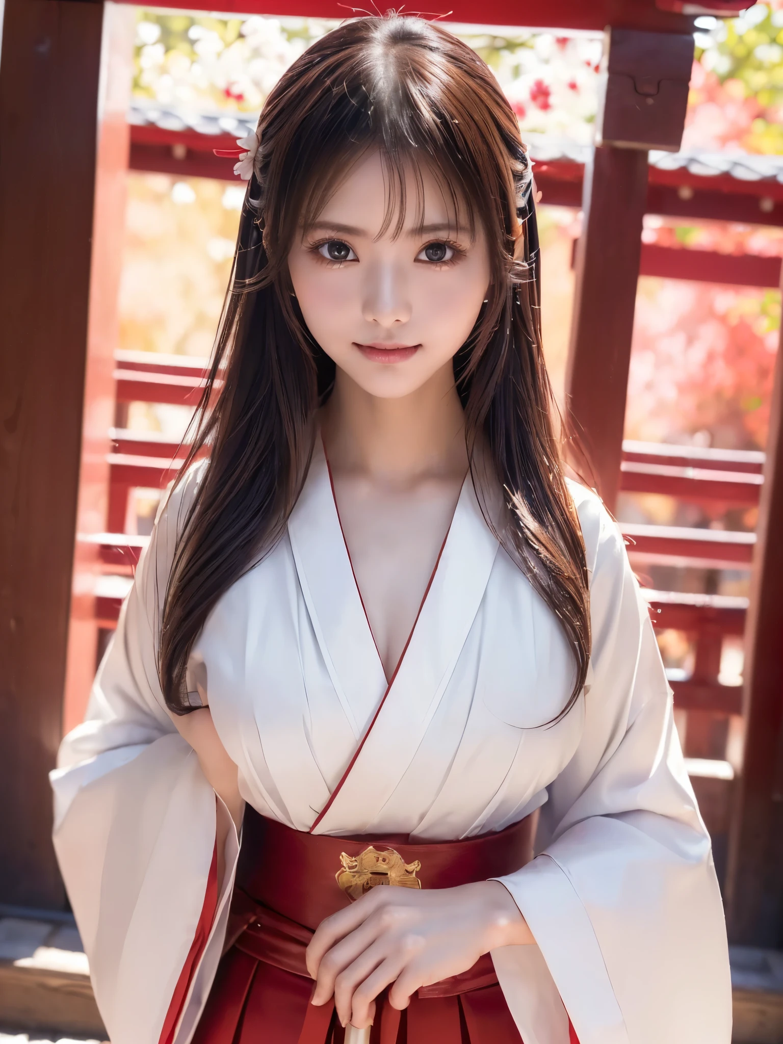 ( chest close-up:1.3)、 top quality、 ultra high definition、(Photographically: 1.3)、 beautiful eyes、 very beautiful、 shiny hair 、(Mature and elegant:1.2)、(smile:1.2)、(((kawaii miko girl, wearing japanese white clothes,red hakama, in a Japanese shrine, 45 angle by krenz cushart and Mucha, golden hour lighting, strong rim light, intense shadows)))