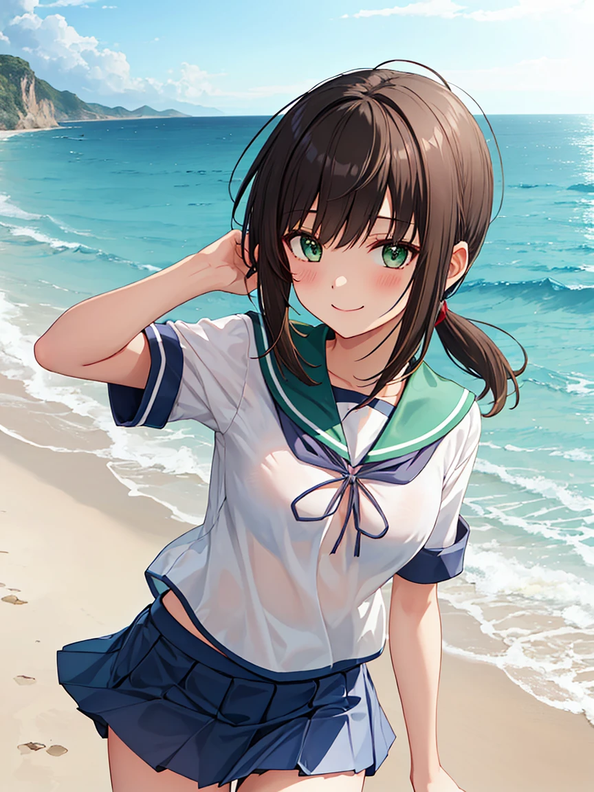 (masterpiece), (best quality), (ultra-detailed), photorealistic, (best illustration), (an extremely delicate and beautiful), 1girl, oboro, extremely detailed scenery, radiant summer beach, blue sky, while cloud, bandaid on face, school uniform, serafuku, sailor collar, pleated skirt, full body, feet out of frame, kneehighs, BREAK (small crab)