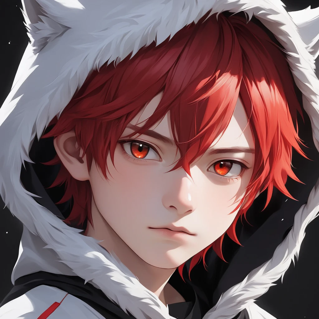 "A young boy with bright red hair , bright skin, and the soft expression , wearing wolf hood. The background is plain black , gives full focus to the character of the boy,