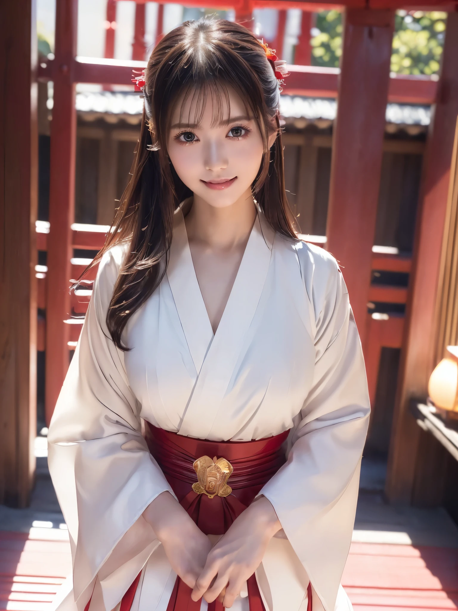 ( chest close-up:1.3)、 top quality、 ultra high definition、(Photographically: 1.3)、 beautiful eyes、 very beautiful、 shiny hair 、(Mature and elegant:1.2)、(smile:1.2)、(((kawaii miko girl, wearing japanese white clothes,red hakama, in a Japanese shrine, 45 angle by krenz cushart and Mucha, golden hour lighting, strong rim light, intense shadows)))