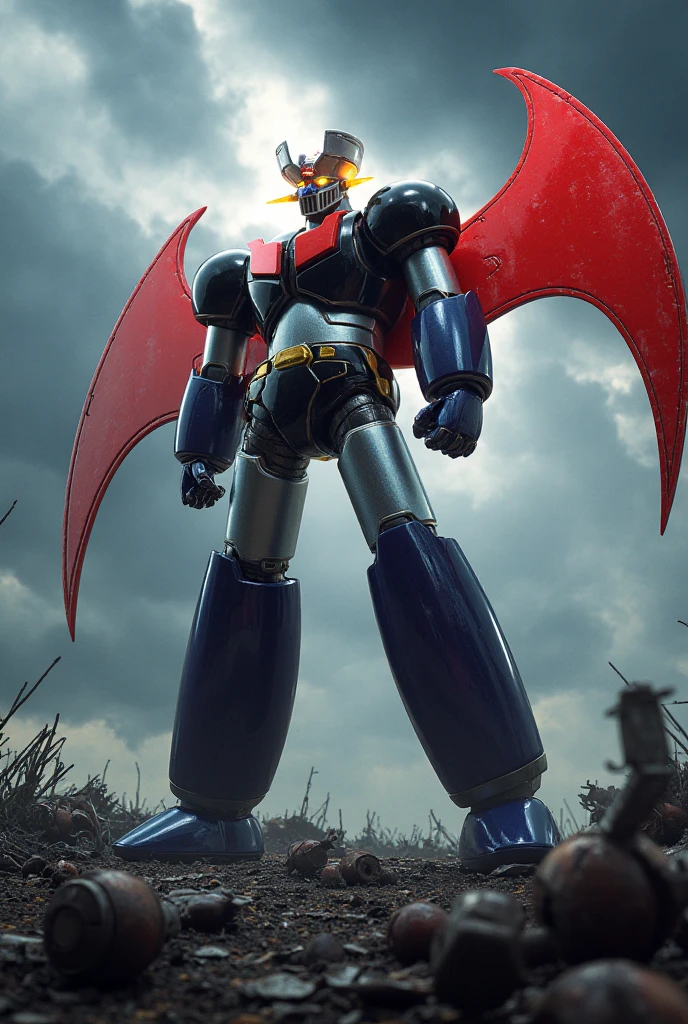   This is a very realistic version  smart Great Mazinger that has been modified with red wings and gold metal connections added to the fuselage、鋼鉄のマジンガーZ　 This is a very realistic version  .thunder　  足元を転がる金属の敵ロボットの残骸 　Glowing cumulonimbus clouds   