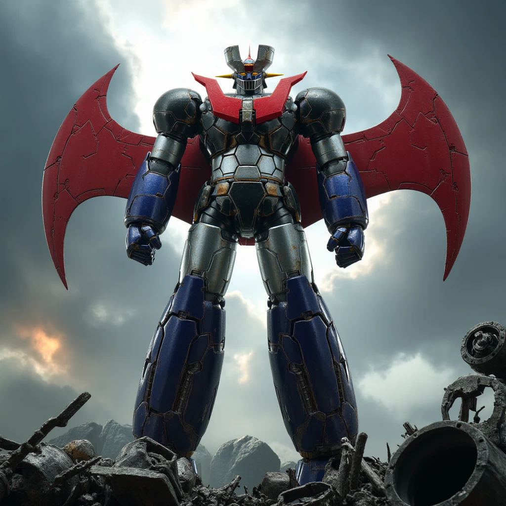   This is a very realistic version  smart Great Mazinger that has been modified with red wings and gold metal connections added to the fuselage、鋼鉄のマジンガーZ　 This is a very realistic version  .thunder　  足元を転がる金属の敵ロボットの残骸 　Glowing cumulonimbus clouds   