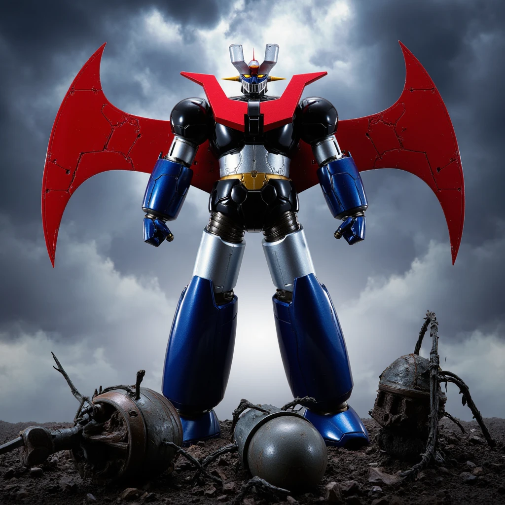   This is a very realistic version  smart Great Mazinger that has been modified with red wings and gold metal connections added to the fuselage、鋼鉄のマジンガーZ　 This is a very realistic version  .thunder　  足元を転がる金属の敵ロボットの残骸 　Glowing cumulonimbus clouds   