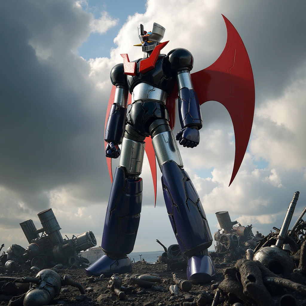   This is a very realistic version  smart Great Mazinger that has been modified with red wings and gold metal connections added to the fuselage、鋼鉄のマジンガーZ　 This is a very realistic version  .thunder　  足元を転がる金属の敵ロボットの残骸 　Glowing cumulonimbus clouds   