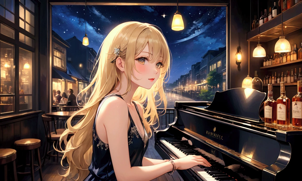 Uses Makoto Shinkai'The depiction is perfect,Portrait of Sana Minatozaki,8k 4k masterpiece photo ,Tokyo,Glass ceiling jazz bar,I can see the twinkling stars through the glass window.,that'Outside in the dark night,Jazz is playing,profile,Beautiful profile,Calm expression,Semi-long hair,Blonde,Look in a different direction,Standing alone at the counter,Silver tube top dress,Small bust
