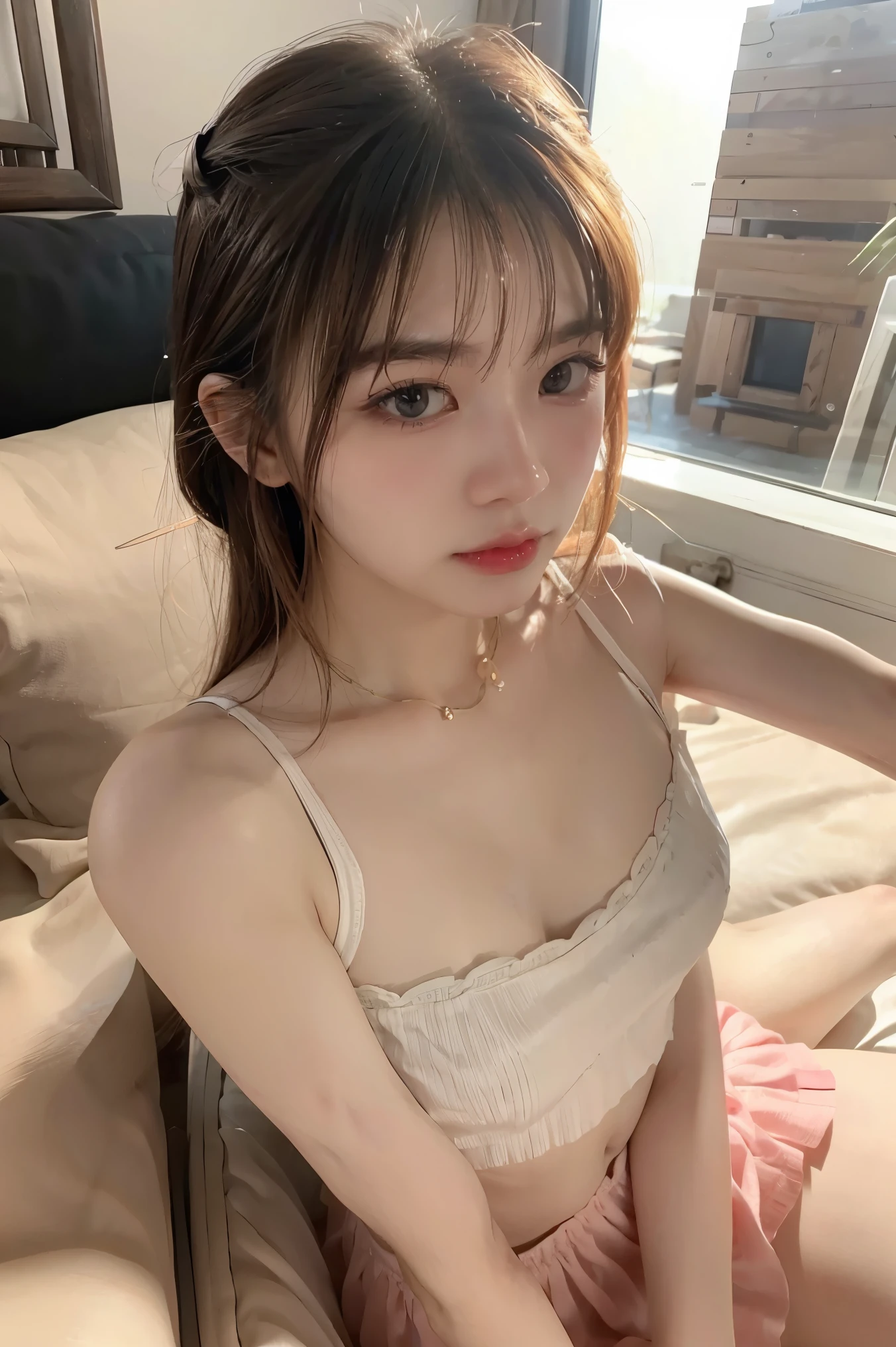 A gentle and lovely Chinese beautiful woman, delicate and sexy collarbone, charming goose egg face, double eyelids, smart peach blossom eyes, pink lips, small upturned nose, bare shoulders, focused face, face close-up, ultra HD, super detail, full body photo, ultra-thin light transmission optimal ratio four fingers and one thumb, JK miniskirt