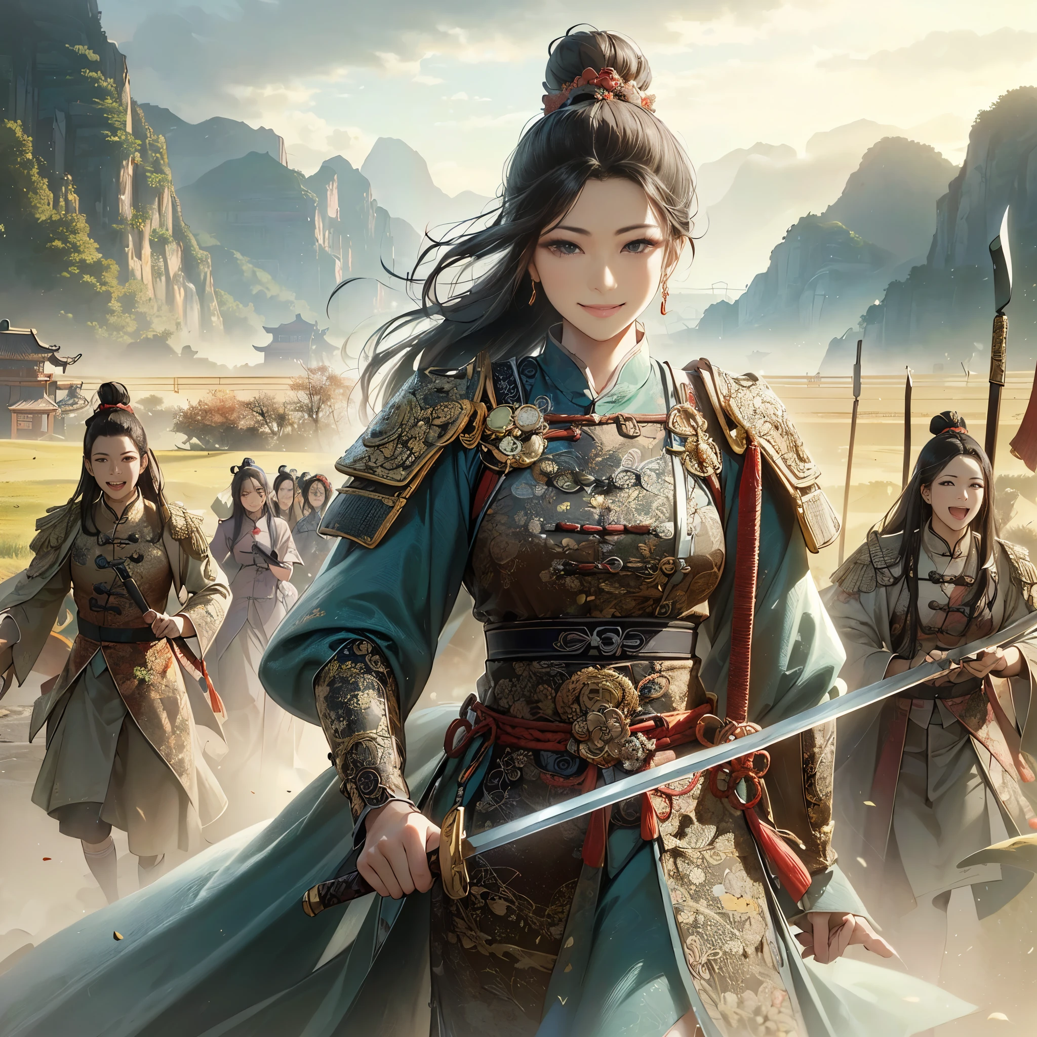 (masutepiece:1.2), (Best Quality:1.2), (high resolution:1.2), (beautiful face and eye:1.2), (sharpest focus:1.2), (Ultra-realistic Photo:1.2), (Ultra-precise Photo:1.2), (Depth of field:1.2), (perfect anatomy:1.2), (nice hands:1.2),
(perfect hands:1.2), (Chinese Song dynasty middle-aged female military chief:1.0), (female military commander leading daughter army with Chinese sword raised wide:1.0), (Fearless smile:1.5), (winning smile:1.5),
(daughter army approaching with a cloud of dust:1.0), (beautiful and magnificent natural land of Song dynasty China:1.5), (incoming clouds rising in the clear blue sky:1.0), (tremendous superlative perspective:1.0),