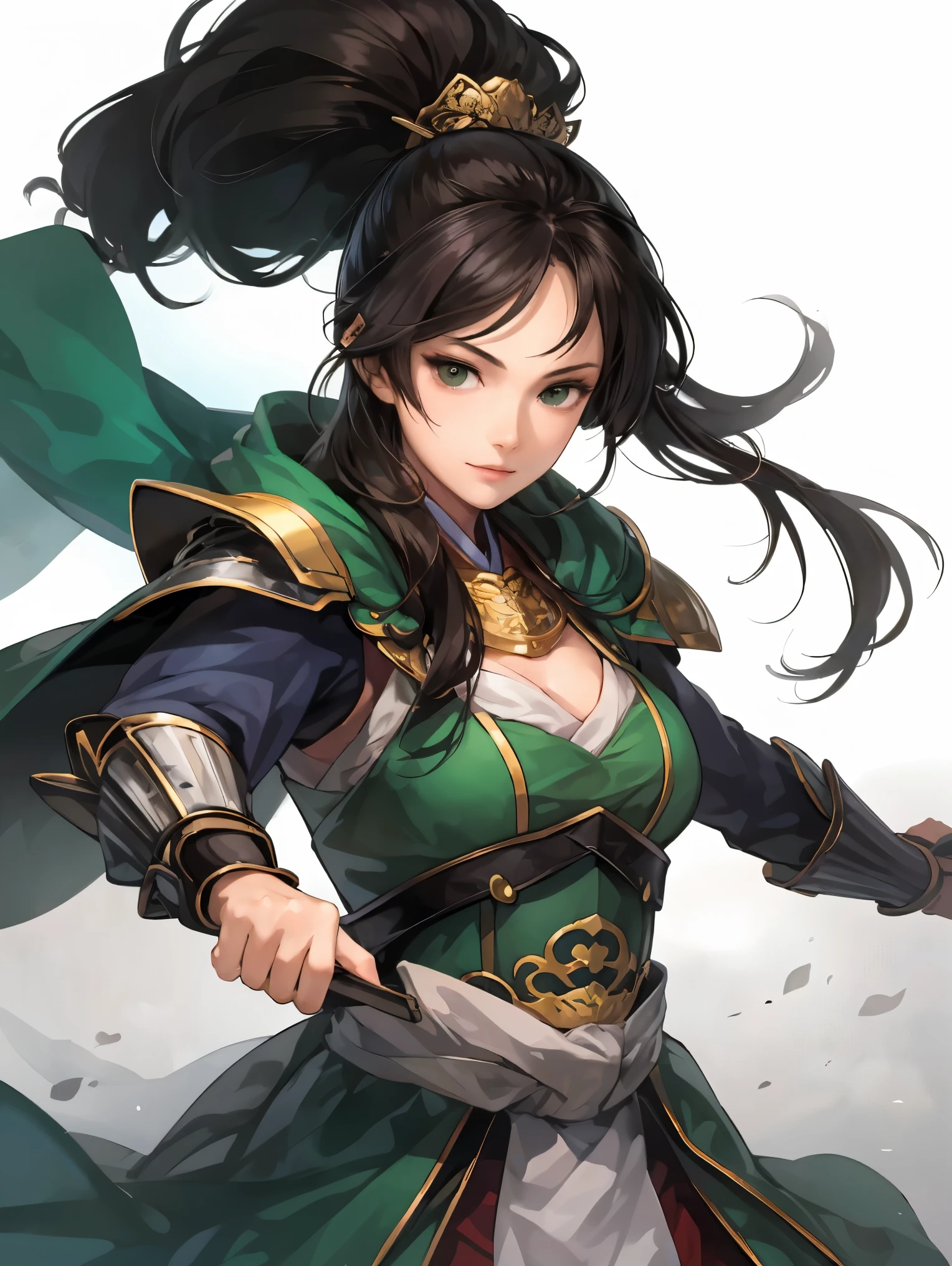   beautiful woman with dark hair ：1.3,  Stunning Character Art , Hanfu,((  pure white background)), ( best quality ),  handsome，Beautiful female knight, 2. 5D CGI fantasy artwork,  detailed digital art , Very nice work of art,  fan Art Best Art Station, ( green cloak ),(warrior:1.2) expressionless, accurately drawn hands 、 I'm putting my hands on my lower back, facing the front、Chinese Armor,From the waist up、One woman、 Faint Smile 、White space above the head,masterpiece, Perfect picture, Realistic Drawing , The chest part of the armor is wide open 、  Her Breasts Are Exposed 、