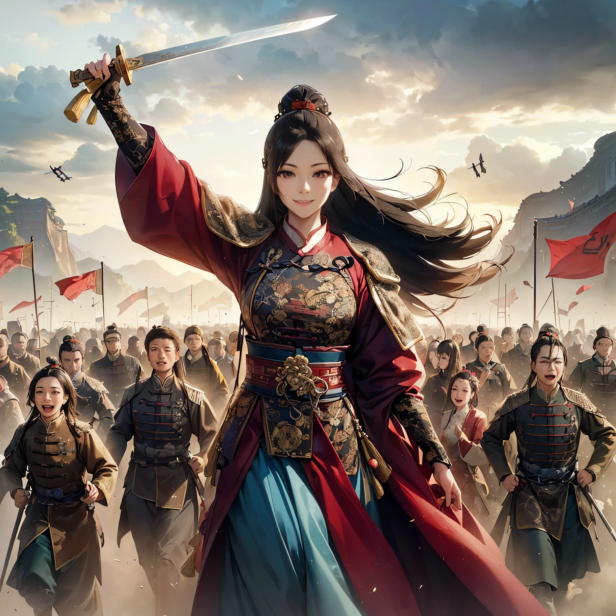 (masutepiece:1.2), (Best Quality:1.2), (high resolution:1.2), (beautiful face and eye:1.2), (sharpest focus:1.2), (Ultra-realistic Photo:1.2), (Ultra-precise Photo:1.2), (Depth of field:1.2), (perfect anatomy:1.2), (nice hands:1.2),
(perfect hands:1.2), (Chinese Song dynasty middle-aged female military chief:1.0), (female military commander leading daughter army with Chinese sword raised wide:1.0), (Fearless smile:1.5), (winning smile:1.5),
(daughter army approaching with a cloud of dust:1.0), (beautiful and magnificent natural land of Song dynasty China:1.5), (incoming clouds rising in the clear blue sky:1.0), (tremendous superlative perspective:1.0),