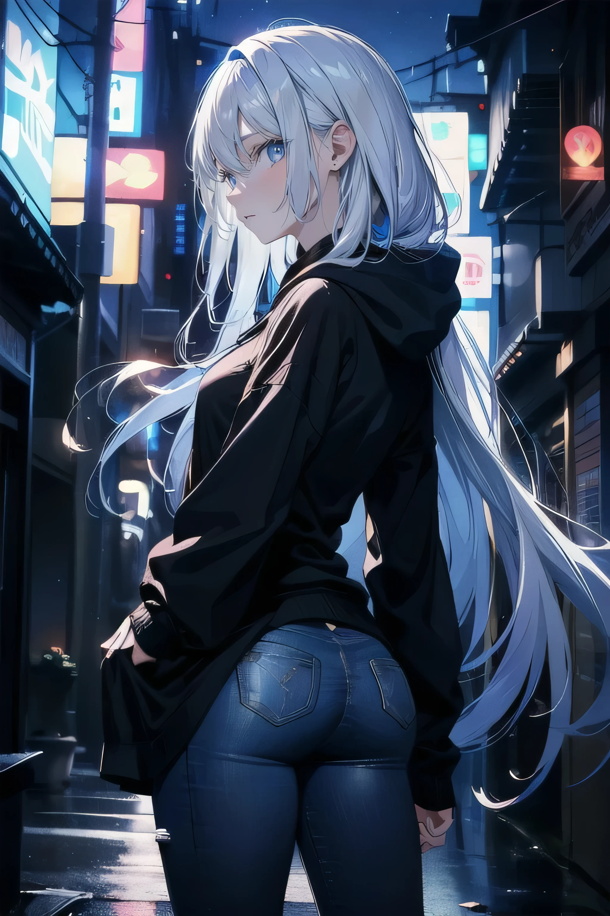 Generate an image depicting a girl seen from behind, standing by the window in her bedroom, gazing out at a cityscape. She is wearing a white short hoodie and white panties. The girl has short white hair. Thigh gap visible. The image has an ambiance that is subtly influenced by the futuristic style. Capture the essence of a futuristic city outside the window, with white and blue neon lights illuminating the urban landscape. Emphasize the contrast between the serenity of the girl in her pajamas and the vibrant, slightly dystopian atmosphere of the cyberpunk-inspired city. Let the image convey a sense of wonder, mystery, and a touch of futuristic aesthetics, high quality, from behind