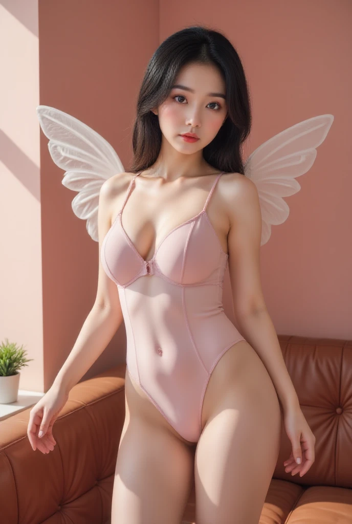 Frangipani, long hair, wing, fairy wing, conjunctivitis, big breasts, gray hair, pointed ears, face mark, forehead mark, , butterfly wing leotard lying on bed, Spread your legs, camel toe,thick thighs, open mouth, shy, Ultra high res.photorealistic:1.4,UHD