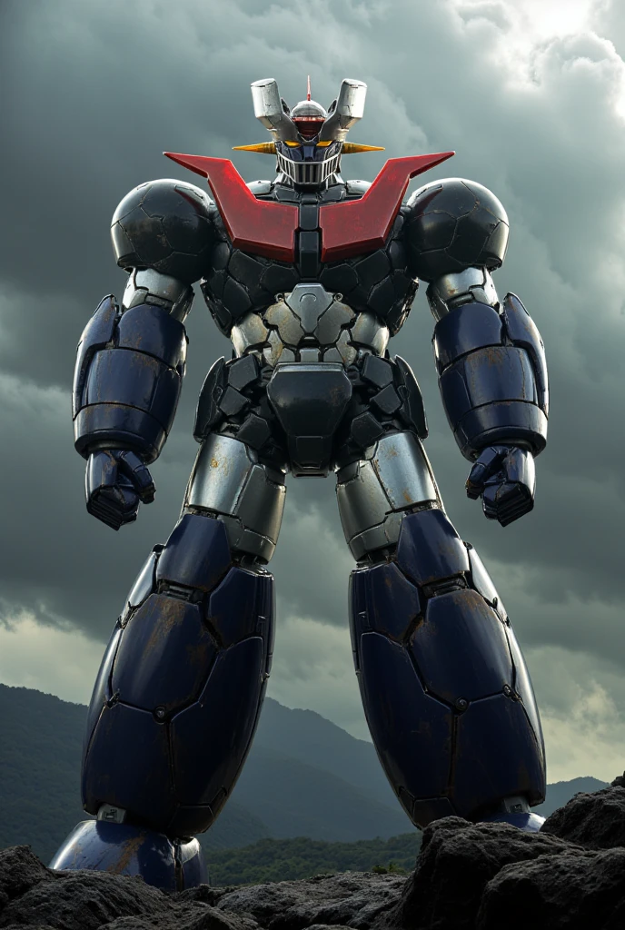 A very realistic version of the strongest giant robot 、 Mazinger Z in steel,   Great Mazinger standing 100 meters high in a combat position.thunder　 natural light　 real 　Mount Fuji　thunder光