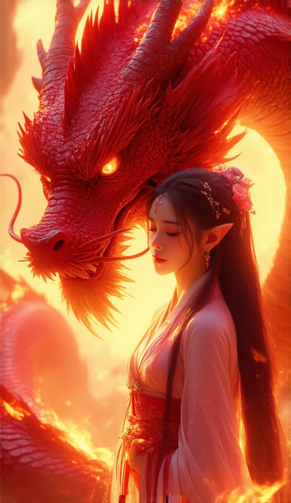 "An enchanting fantasy scene featuring a radiant elven woman with elegant, pointed ears and luminous features, her eyes closed as a single tear glides down her cheek. A majestic, fiery-red dragon coils around her, its scales glowing like molten embers, and its piercing crimson eyes burning with intensity. Delicate, otherworldly flowers bloom seamlessly into the dragon's form, their soft petals glowing in harmony with the creature's fiery aura. The golden and amber light cascades over the scene, creating a warm, ethereal glow that highlights the profound connection between the elf and the dragon, blending power, grace, and emotion in perfect harmony."
