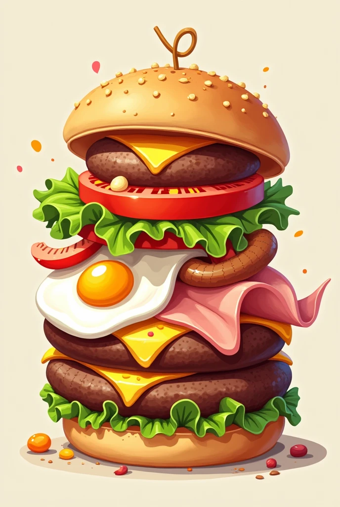 Create an image of a cartoon hamburger with the following ingredients, in the order they are written:
bread, tomato, lettuce, egg, ham, cheese, sausage, one unit of hamburger meat, bread.