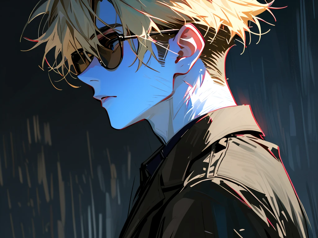  impasto,  short hair, Masterpiece,  best quality , 1 person , Blonde ,  perfect face ,  Black Eye  ,   handsome man   , Alone,  blue-white skin ,  adult male  ,  upper body , Delicate line drawing, side View ,  very detailed ,  black background , sketch ,  Stylish clothes , black sunglasses