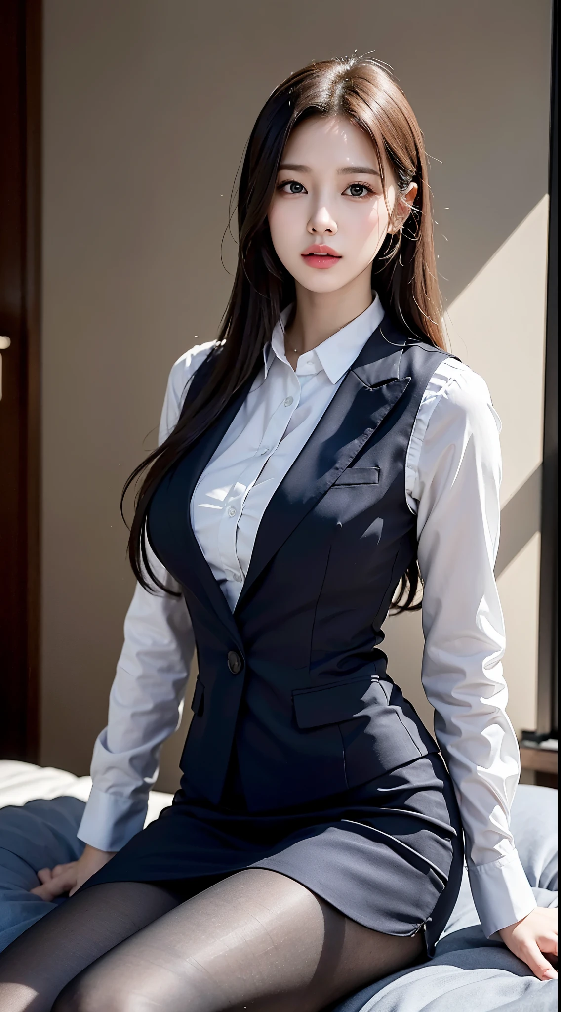 Elegant upper class elite secretary in business shirt, working in an office、Wearing a strict business suit, Wear pantyhose、Wear high-end heels、 Girl in a shirt, Dressed in a suit, Dressed in a suit, Dressed in a suit, merchant, business clothes, wearing black suit, Wear shirts and skirts, Woman in a suit, Business attire, business outfit, Raw photo, (8K、top-quality、tmasterpiece:1.2)、(intricate detailes:1.4)、(Photorealsitic:1.4)、octane renderings、Complex 3D rendering ultra detail, Studio Soft Light, Rim Lights, vibrant detail, super detailing, realistic skin textures, Detal Face, Beautiful detail eyes, Very detailed CG Unity 16k wallpaper, make - up, (detailedbackground:1.2), Naked on the thighs!!!,