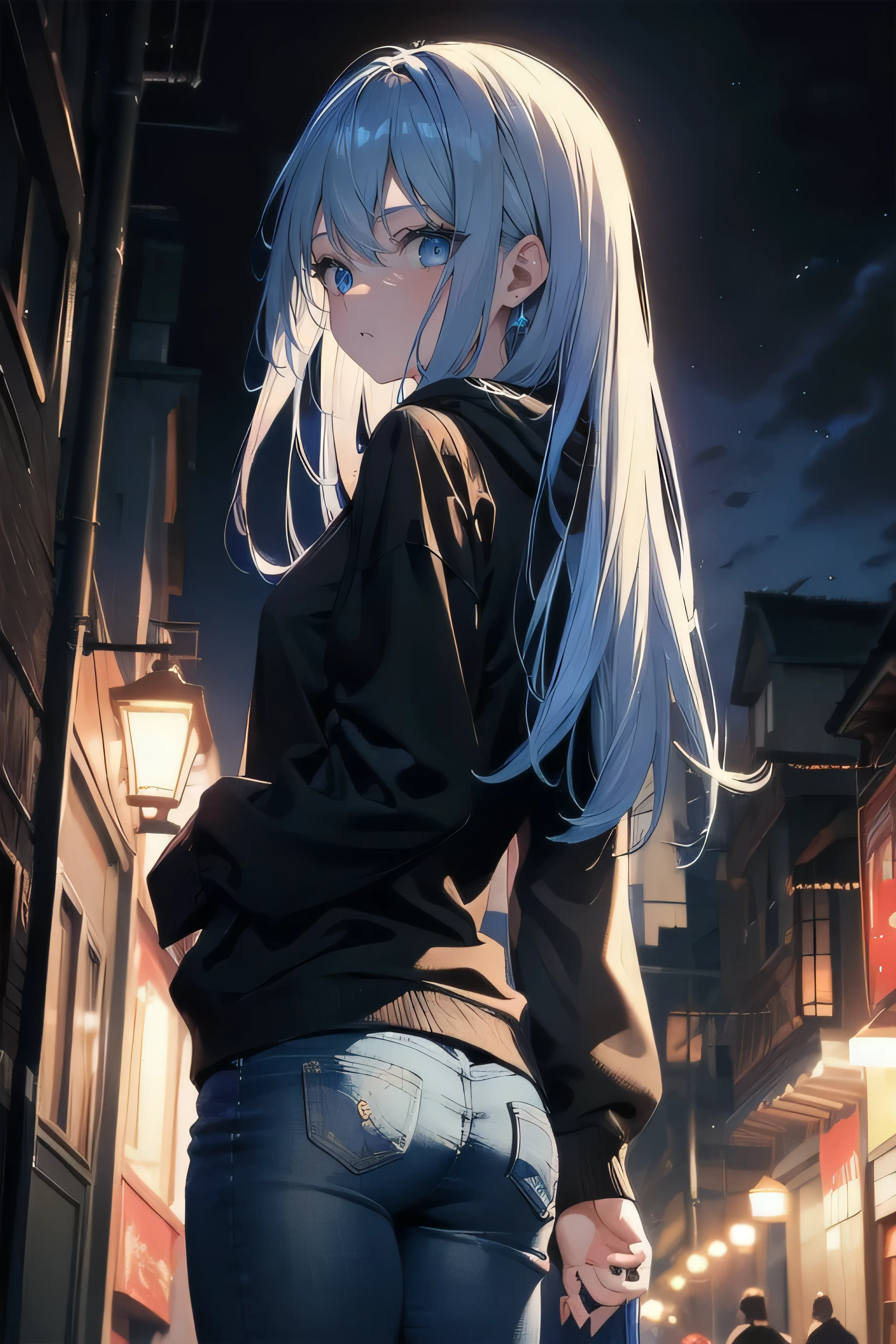 (masterpiece), (best quality), ultra detailed, finely detailed color, cenematic painting, urban, night, slum, lightless, dark, alley, bishoujo, ((one lady)), ager, cute face, white hair, absurdly long hair, straight hair, ((deep blue eyes:1.5)),((black hoodie)), ((patternless clothes)), long jeans, expressionless, slender body, small chest, moonlight, back view