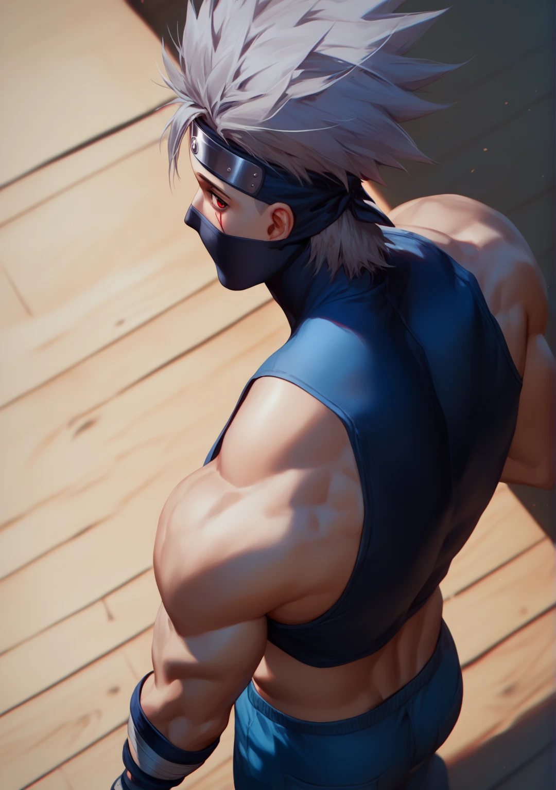  score_9,  score_8_above,  score_7_above,  score_6_above,  score_5_above, 1 , Kakashi,  gray hair , Cover mouth , mouth mask, Red eye,  eye scar shirt,  front protector , down,  From behind, big thigh, long and happy trails, back focus,  muscular male ,  blue pants , shirtless, full defense 