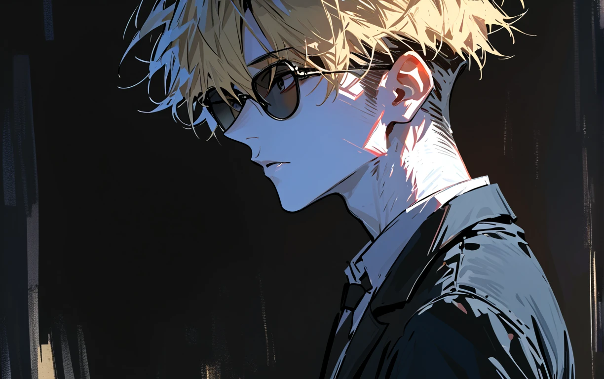  impasto,  short hair, Masterpiece,  best quality , 1 person , Blonde ,  perfect face ,  Black Eye  ,   handsome man   , Alone,  blue-white skin ,  adult male  ,  full body , Delicate line drawing, side View ,  very detailed ,  black background , sketch ,  Stylish clothes , black sunglasses