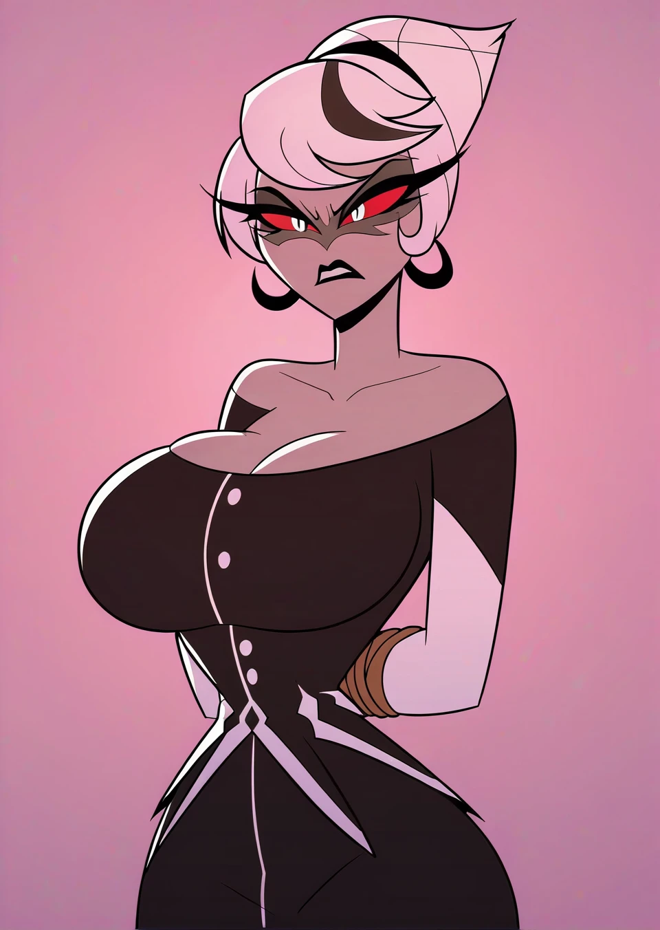 Carmilla_Carmine,score_9, score_8_アップ, score_7_アップ,gray skin, [Upper body focus] ,hair is tied up in split into two cones,twin hair,hands with chest,Black dress,white elbow gloves, bare shoulders, lace shoes,(huge juicy breasts:1.2),breasts, has long eyelashes,dress, ,Black Lip,pigmented sclera,Red cornea,white hair,Big Breasts,wide butt, (Alone),indoor,angry