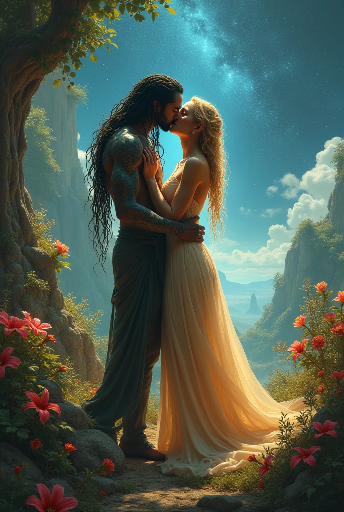 Perfect tall and handsome king with dark short hair and beautiful princess with so long blonde hair together in the natural waterfall swim he hold her in deep water naked together sweet couple in deep water
and behind them have big pink luxury castle from far away