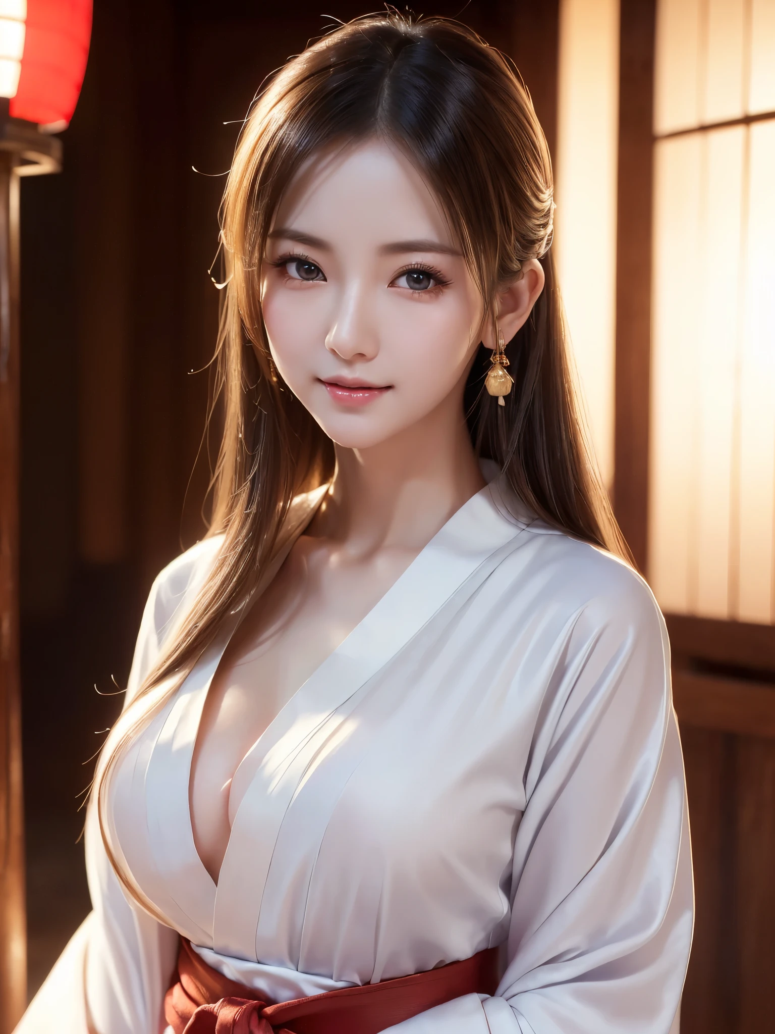 ( chest close-up:1.3)、 top quality、 ultra high definition、(Photographically: 1.3)、 beautiful eyes、 very beautiful、 shiny hair 、(Mature and elegant:1.2)、(smile:1.2)、((kawaii miko girl, wearing japanese white clothes,red hakama, in a Japanese shrine, 45 angle by krenz cushart and Mucha, golden hour lighting, strong rim light, intense shadows))