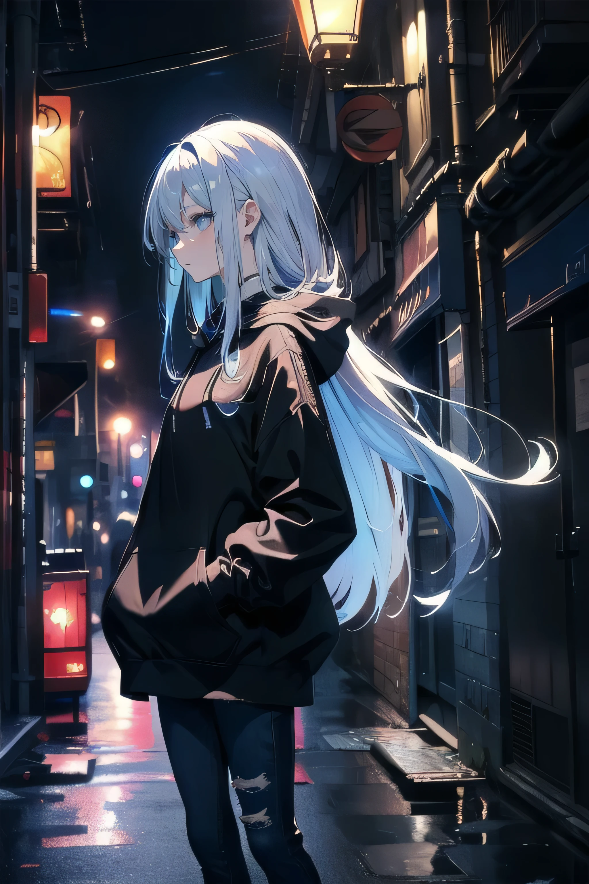 (masterpiece), (best quality), ultra detailed, finely detailed color, cenematic painting, urban, night, slum, lightless, dark, alley, bishoujo, ((one lady)), ager, cute face, white hair, absurdly long hair, straight hair, ((deep blue eyes:1.5)),((black hoodie)), ((patternless clothes)), long jeans, expressionless, slender body, small chest, moonlight, profile