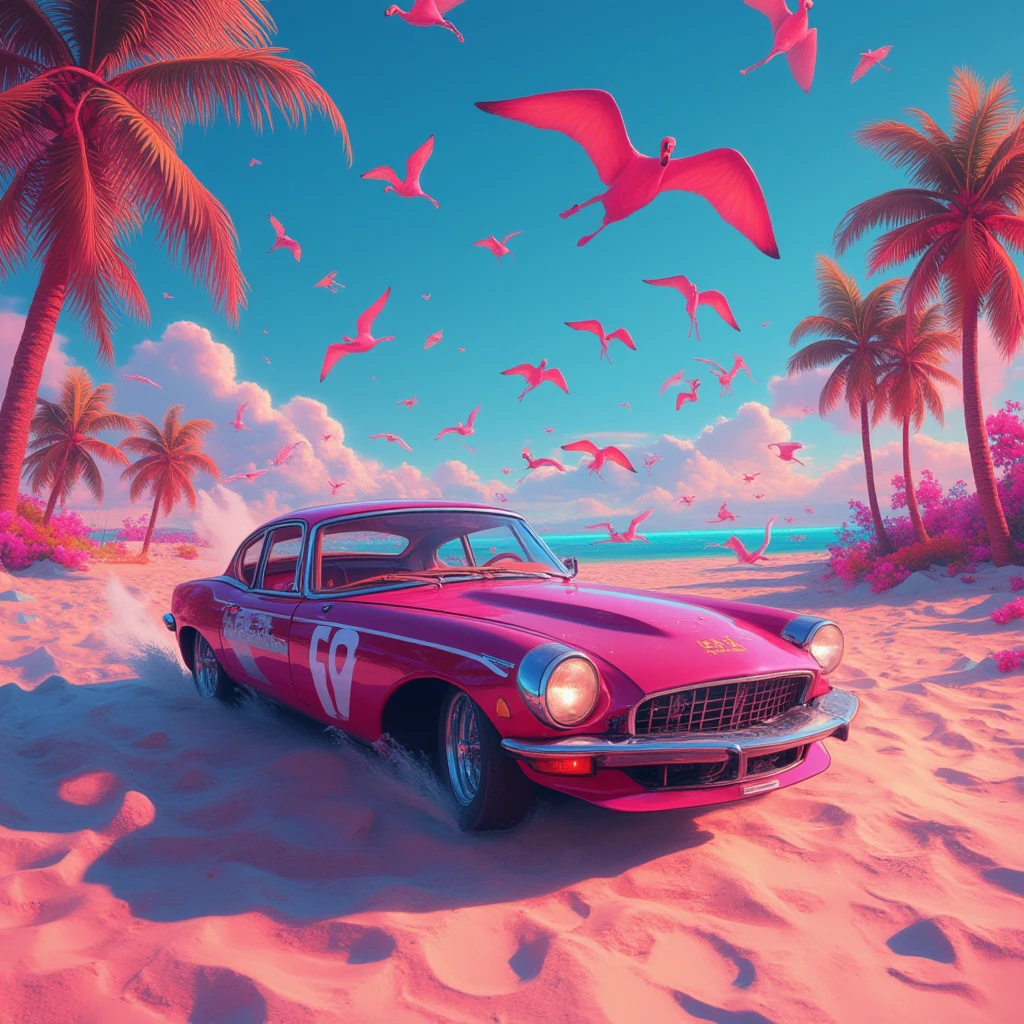 a close up of a poster of a car on a beach, concept art by Craig Thompson, tumblr, fantastic realism, phantasmagoric, flight, flamingo, official artwork, flamboyant, stunning sight, flamingos, fantastic artwork, ( art fitzpatrick ), flamingoes, flying, artwork, lofi album art, phantasmagorical, miami synthwave