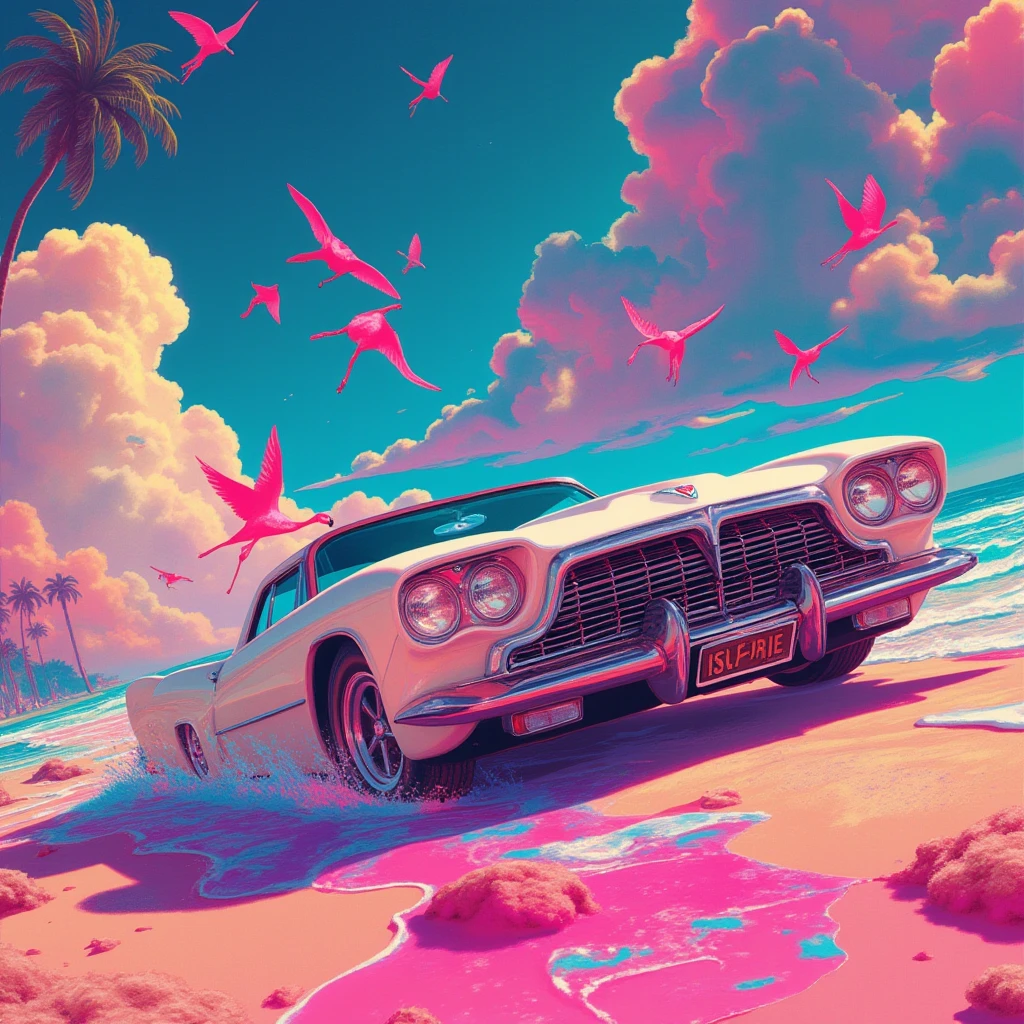 a close up of a poster of a car on a beach, concept art by Craig Thompson, tumblr, fantastic realism, phantasmagoric, flight, flamingo, official artwork, flamboyant, stunning sight, flamingos, fantastic artwork, ( art fitzpatrick ), flamingoes, flying, artwork, lofi album art, phantasmagorical, miami synthwave