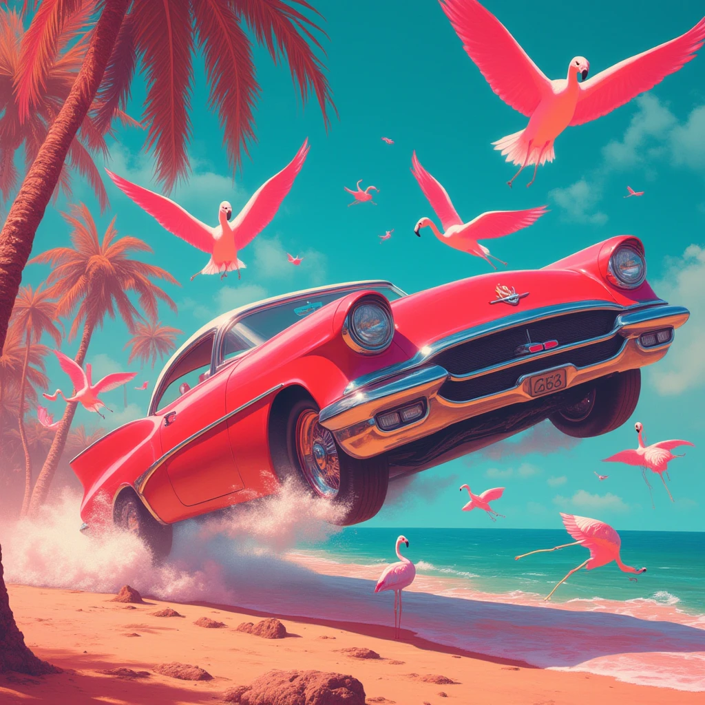 a close up of a poster of a car on a beach, concept art by Craig Thompson, tumblr, fantastic realism, phantasmagoric, flight, flamingo, official artwork, flamboyant, stunning sight, flamingos, fantastic artwork, ( art fitzpatrick ), flamingoes, flying, artwork, lofi album art, phantasmagorical, miami synthwave