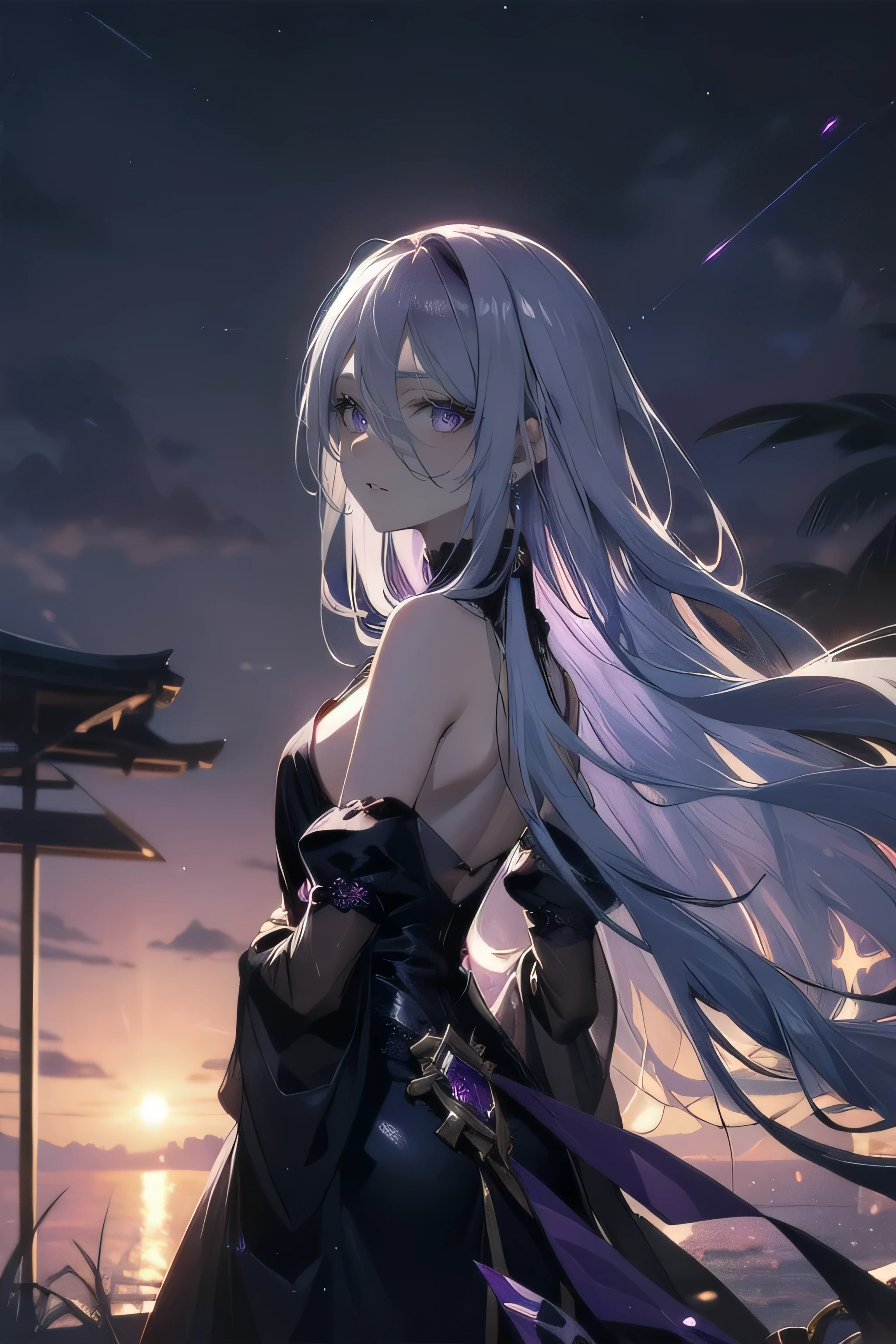 (masterpiece), (best quality), ultra detailed, finely detailed color, cenematic painting, bishoujo, ((one lady)), ager, cute face, ((white hair)), absurdly long hair, straight hair, ((dark violet eyes:1.5)), (evening dress), black dress, sleeveless, ((sunset)), ((looking up the sky)), ((sky background)), back view, faint smile, outdoor, reed field, slender body, small chest, see-through outfit, nsfw