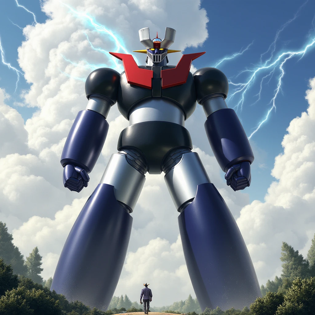  The giant Mazinger Z, which shines brightly and is full of power, rises like a mountain,  it's an 800-meter-tall giant standing in a forward position . god々Shiny cumulonimbus clouds shine 　thunder　Thick arms　 thick legs　godか悪魔かわからない圧倒的迫力の巨大ロボット　 natural light