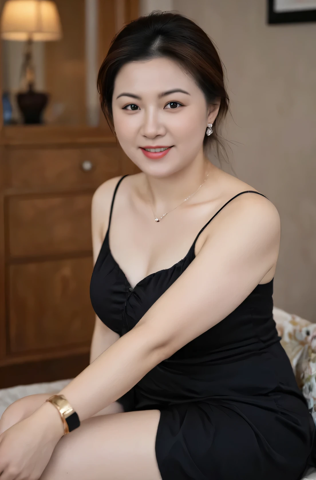 (Masterpiece: 1.2, Best Quality), Realistic, (Realistic Picture, Complex Details, Depth of Field), Best Quality, Masterpiece, Highly Detailed, Realistic, 1 mature, chinese Mature woman, 45 Years Old, highlight brown Hair, sexy hair, living room, sitting, chest out, big chest, huge breasts, thin lips, full body photo view, looking at the camera, diamond necklace, earrings, apple watch, gold bracelet, naughty smile, mature wife, size H-Cup breasts, wearing sleeveless spaghetti strap nightgown