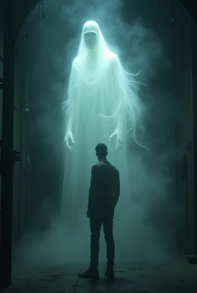 A man approaching a ghostly figure with a look of fear and curiosity.**