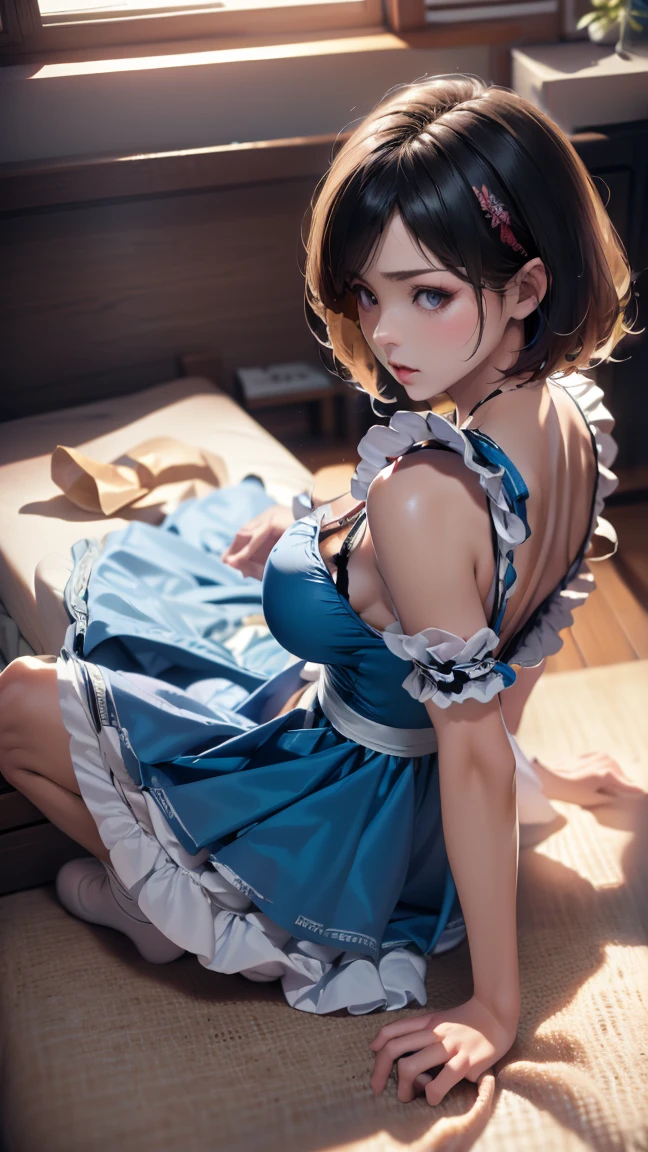 a beautiful teen emma watson dressed as a medieval nurse. blue eyes. freckles. intricate white leather costume, skirt, crop top. as a captivating figure amidst the ostentation. slender and graceful. lying down resting on bed.