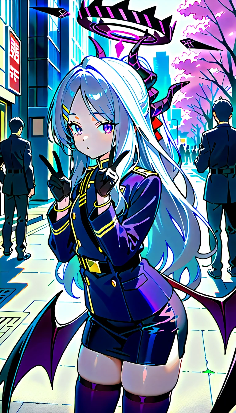 score_9, score_8_ up, score_7_ up, score_6_ up, score_5_ up, score_4_ up,  interruption source_Anime,  from the side 1 girl , Alone, Outdoors, street,  cherry blossom,  cowboy shooting,  stare at viewers, Others,  purple eyes, Gray Hair,   touch very long hair ,  split bang , stupid hair, Multiple horns , halo, Wings,  Low Wings ,  hair clip,  Coat with Fur ,  Black Coat , Blakecoat on the shoulder,  bracelet , Purple Uniform, uniform,  black gloves, Black Belt,   pencil skirt ,  side slits,  purple thigh length stockings, double V ,   long sleeve  