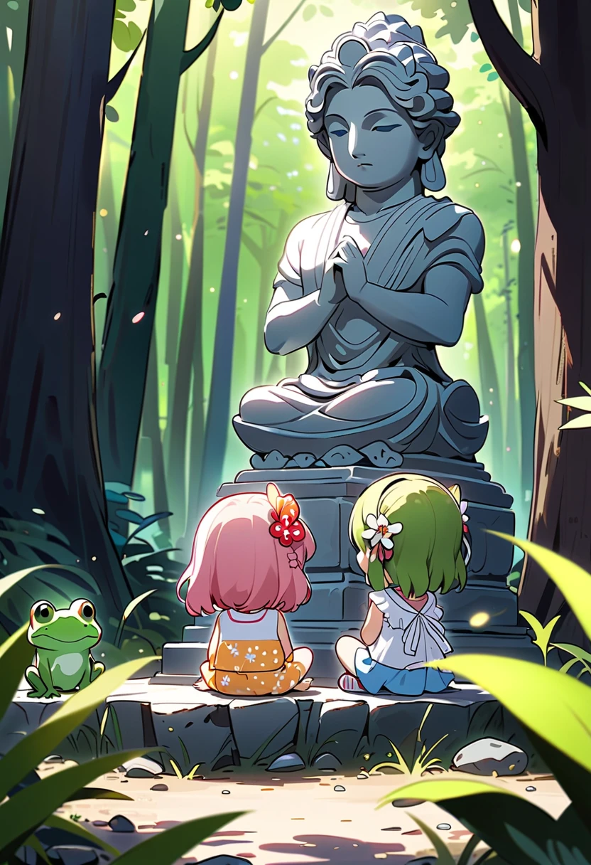 Highest quality、High resolution、Detailed Background、Beautiful face in every detail、Anatomically correct、Detailed facial expressions、fine grain、((full body, from side:1.5, looking away:1.2)), break ((One Girl:1.5)、((Chibi Girl:1.5)))、Bright pretty hair color、Big beautiful blue eyes、Fuller lips、Pink Lips、Braided twintails、Ahoge、break ((Eating rice balls while sitting next to a Buddha statue on the side of a road in the forest:1.5、Fresh greenery、The sunlight is beautiful through the trees))