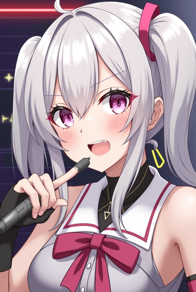I had gray hair and round gray ears hanging like a golden retriever on both sides.. I have gray ears that are the same color as my hair. and my eyes are pink and my face is cute. . She's a woman with big breasts . has a pink ribbon on the right head as shown in the picture . has a wink on one side, and the , The inside of the opposite eye has a star that extends in 6 directions.. has an inverted triangle, , is pointing at me with a finger, and , The other hand is singing a song with the microphone in the mouth. is first on a stage decorated with a neon sign, but after , , it's an idol venue with AZI written on a large panel.. It's an idol, .