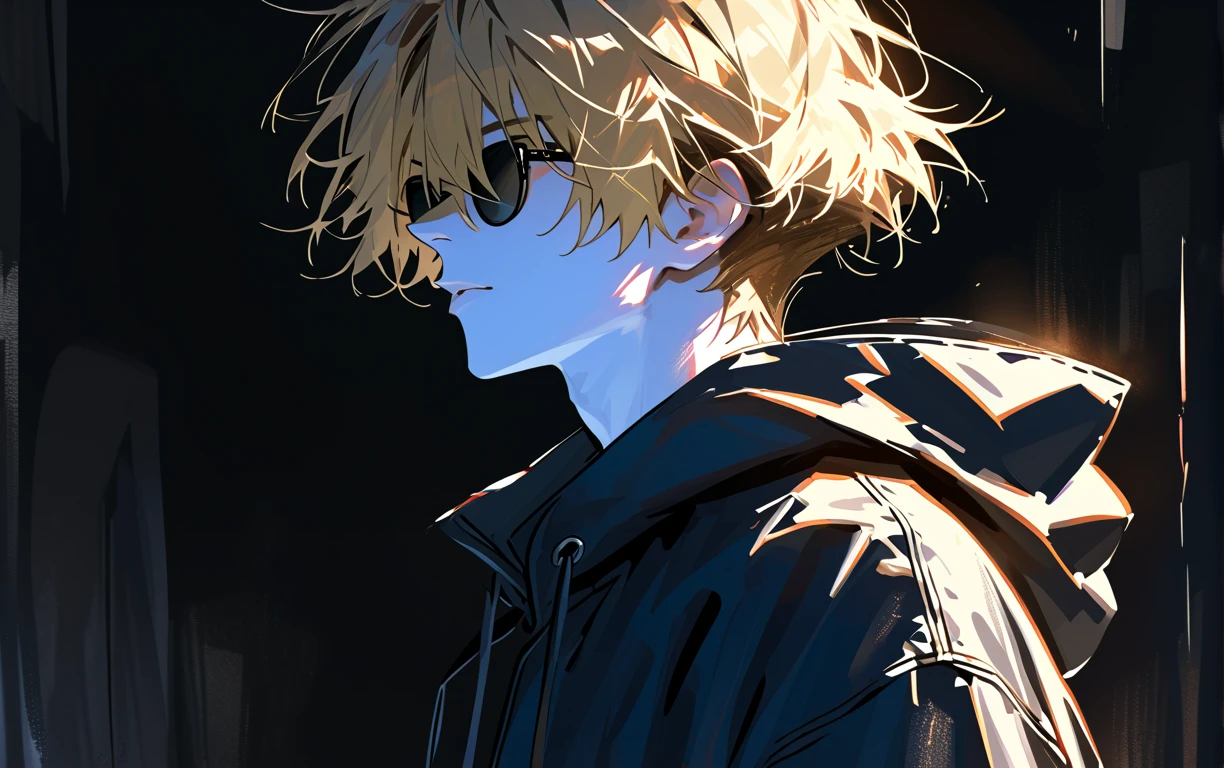  impasto,  short hair, Masterpiece,  best quality , 1 person , Blonde ,  perfect face ,  Black Eye  ,   handsome man   , Alone,  blue-white skin ,  adult male  ,  upper body , Delicate line drawing, side View ,  very detailed ,  black background , sketch ,  Stylish clothes , black sunglasses , oversized hoodie with put on a hood