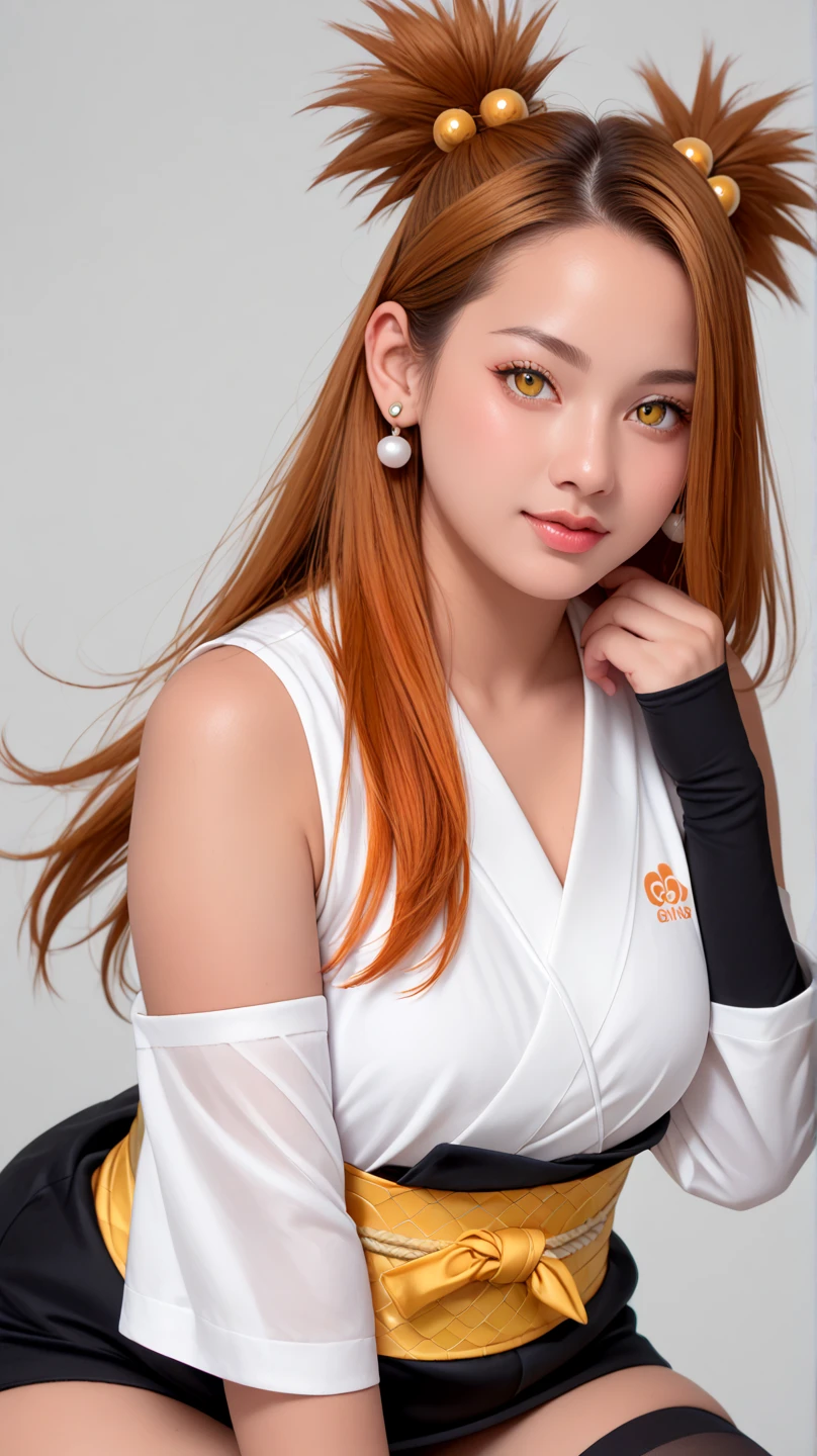 chouchou akimichi, 1girl, brown skinned exotic, curvy, big boobs, orange hair, hair over one eye, two side up, long hair, yellow eyes, hair bobbles, white kimono, short kimono, sleeveless kimono, yellow obi, orange sash, fishnets, detached sleeves, black thighhighs, forehead protector, jewelry, earrings