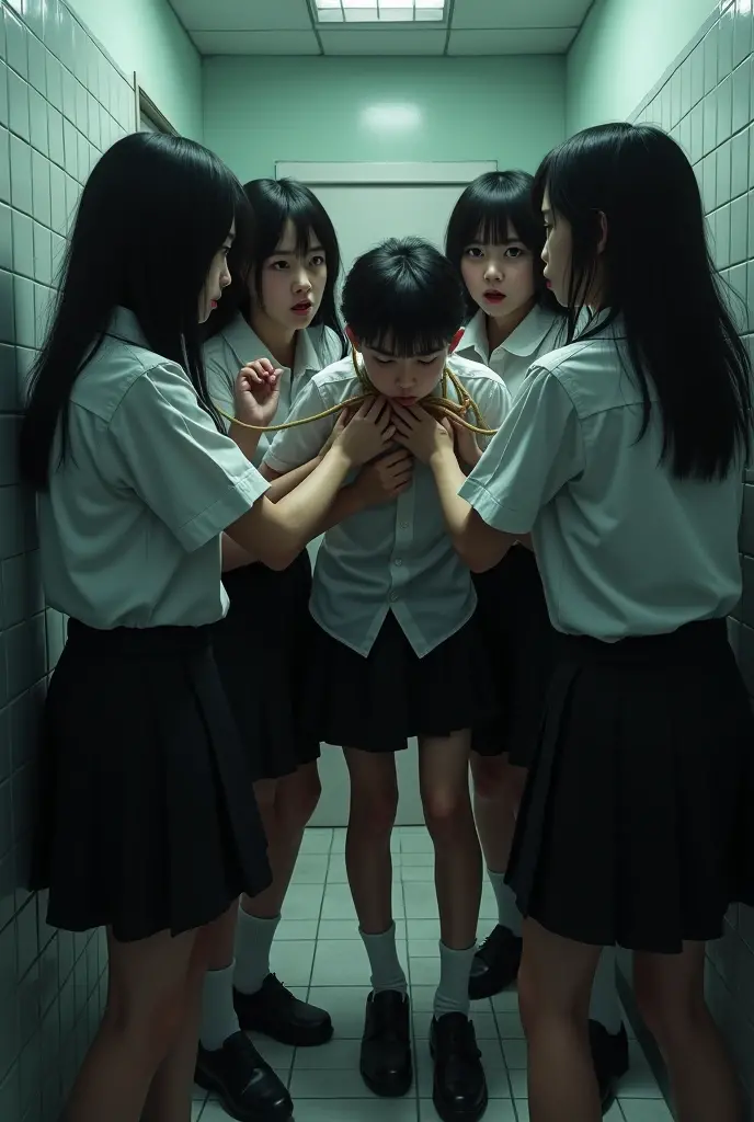 Group of school girls in long black skirts and long hair hanging dead boy from ceiling by strangling him in bathroom with neck rope