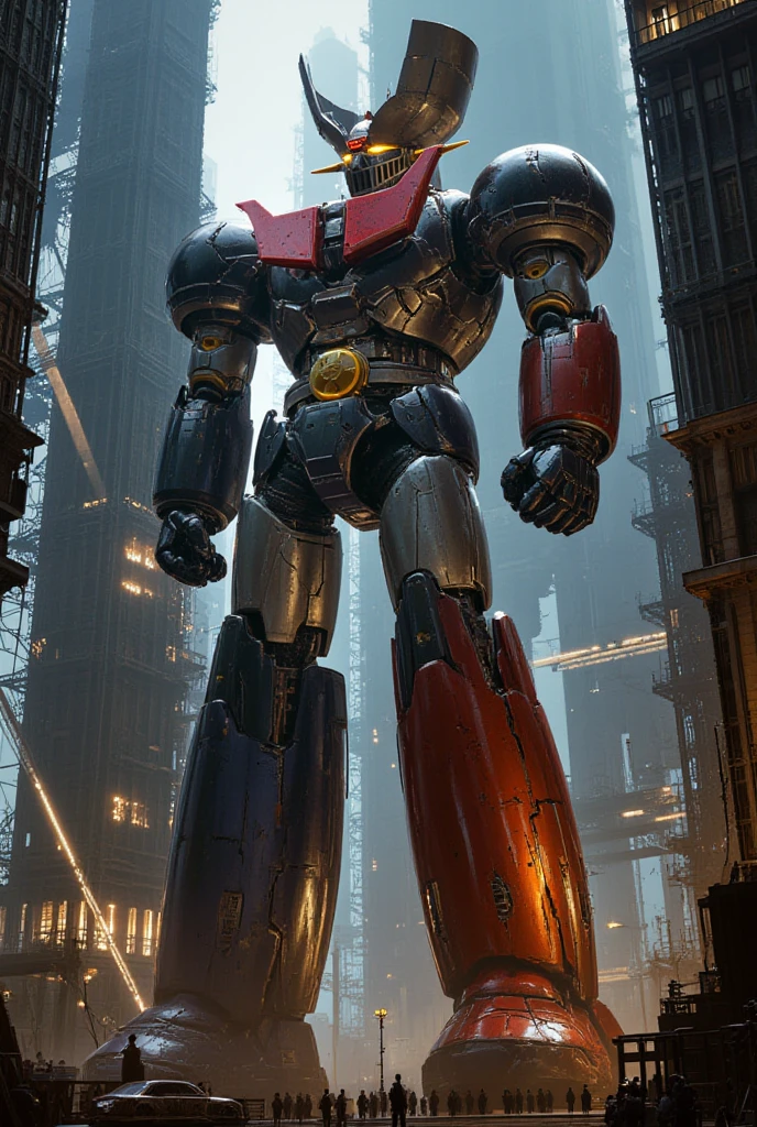  very realistic version of the modified Mazinger Z ,  Standing 100 meters high in a forward leaning position.   is constructed with modern materials such as steel ,   Carbon Fiber  ,   Other industrial elements are also visible  ,   just like the real thing  ,   I'm standing in front at the height of a high-rise tower where high-voltage current flows and emits light . The industrial environment of modern nuclear power plants  ,   Masinger Z standing around  ,   are illuminated by natural light  、  a huge structure emphasized by realistic shadows  . LED light lighting  　Gundam