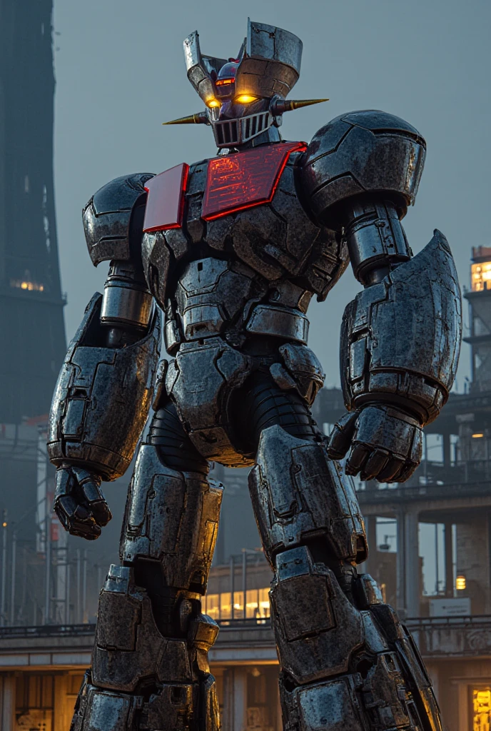  very realistic version of the modified Mazinger Z ,  Standing 100 meters high in a forward leaning position.   is constructed with modern materials such as steel ,   Carbon Fiber  ,   Other industrial elements are also visible  ,   just like the real thing  ,   I'm standing in front at the height of a high-rise tower where high-voltage current flows and emits light . The industrial environment of modern nuclear power plants  ,   Masinger Z standing around  ,   are illuminated by natural light  、  a huge structure emphasized by realistic shadows  . LED light lighting  　Gundam