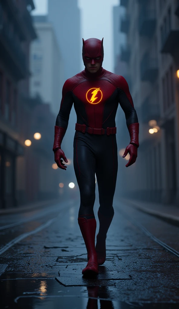 A cinematic depiction of a hybrid superhero combining Daredevil and Nightcrawler walking confidently through a dark, misty urban alley. The character has a sleek, muscular frame with a deep red and black suit, blending Daredevil’s iconic devil horns and logo with Nightcrawler’s glowing yellow eyes and faintly visible blue skin. Their hands and feet have claw-like features, while a prehensile tail sways behind them, adding to their demonic yet heroic appearance. The hybrid exudes agility and stealth, with a glowing aura of teleportation energy lingering around them. The background features dim streetlights, rain-soaked pavement, and faint silhouettes of skyscrapers, enhancing the moody, cinematic atmosphere. Hyper-realistic textures highlight every detail, from the intricate patterns on their suit to the faint mist swirling in the air.  